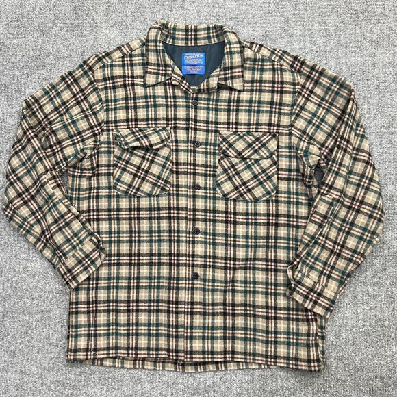 Vtg Pendleton Flannel Shirt Mens Large Brown Plaid Virgin Wool Field Button Up - Picture 1 of 8
